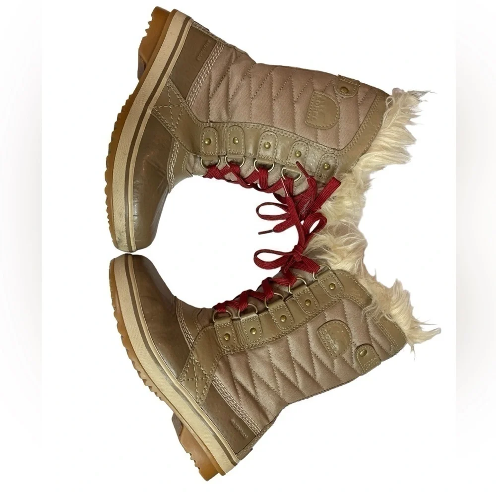 🎉Sorel Tofino II kids Tall Faux Fur Boots Winter Outdoors Tan Red Laces size 1